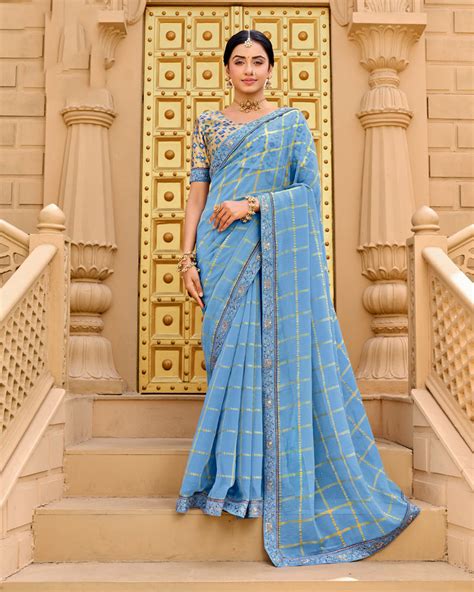 Vishal Prints Dark Pastel Blue Designer Fancy Checks Chiffon Saree Wit