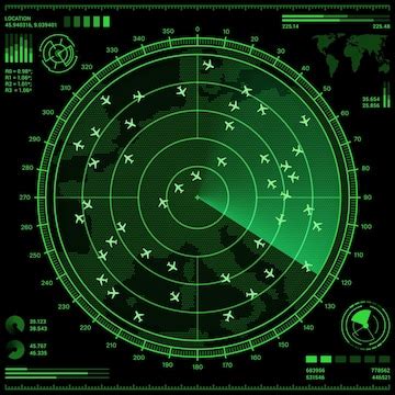 Air control radar screen with airplanes and map | Premium Vector