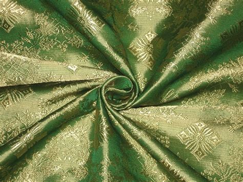 SILK BROCADE FABRIC Emerald Green & Gold colour Vestment design 44" wi ...