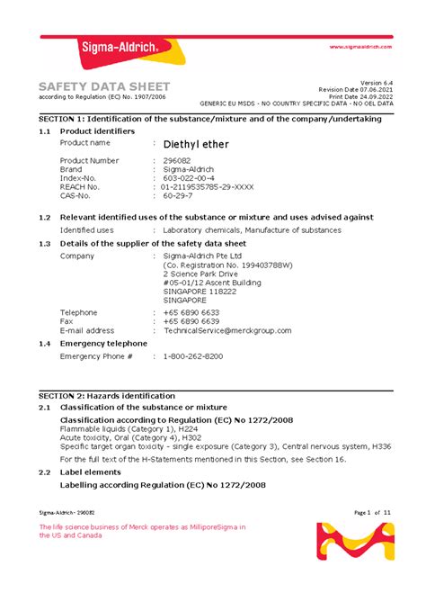 Diethyl ether MSDS - for lab report - Sigma-Aldrich- 296082 Page 1 of ...