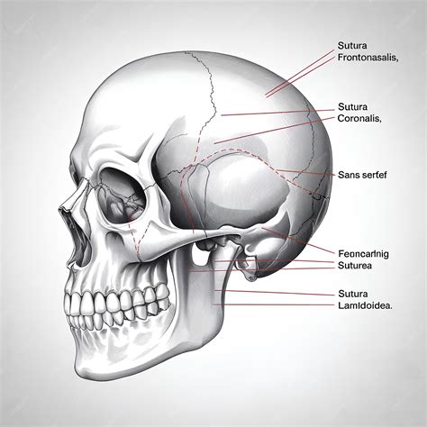 Detailed Human Skull Illustration Side View with Labeled Sutures and ...