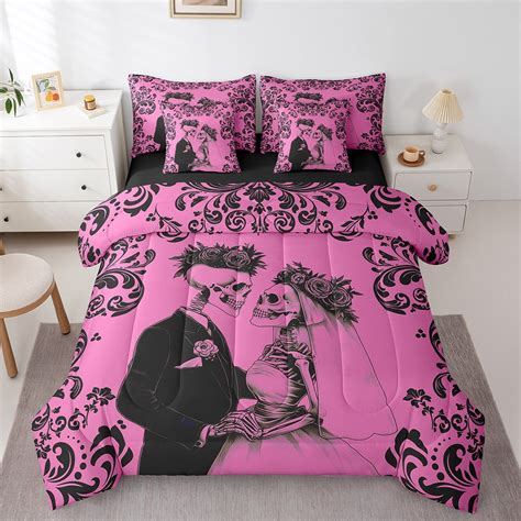 Gothic Skull Comforter Set 7 Piece Pink Black Goth Bedding Set With ...