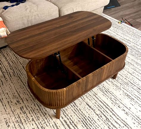 Modern Oval Fluted Wood Lift Top Coffee Table with Hidden Compartment ...