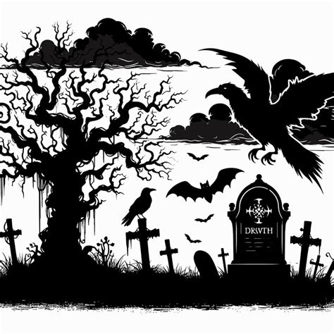 Cemetery with a dead tree a gothic halloween of a creepy graveyard ...