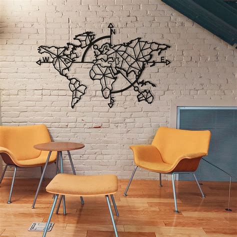 Modern Geometric World Map Metal Wall Art - Minimalist Home Decor for ...