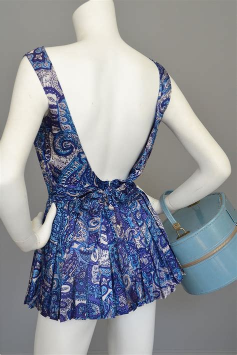 1950s Blue Paisley Vintage Pinup Romper Bathing Suit Playsuit ...