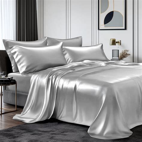 TURKIO Satin Sheets Queen Silk Sheets Gray Bed Sheet Set,4 Pieces 1800 ...