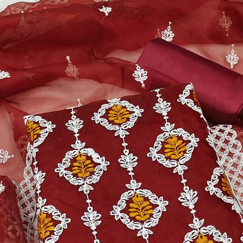 Maroon Floral Embroidered Organza Dress Material