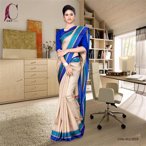 Beige And Blue Tripura Cotton School Uniform Saree– Uniform Sarees