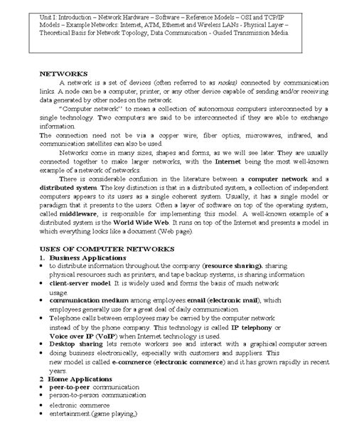 Unit I: Intro to Network Hardware, Software & OSI Models - Studocu