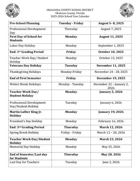 Okaloosa County Schools District Calendar 2026-2027 [PDF]