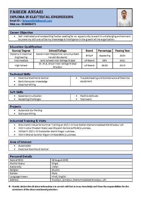 Faheem Ansari resume - Faheem Ansari Diploma in Electrical Engineering ...