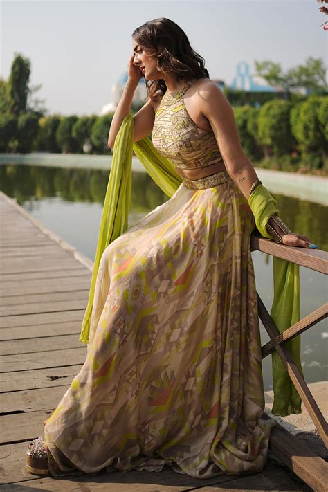 Buy Lime Halter Neck Lehenga Set for women by Koswi