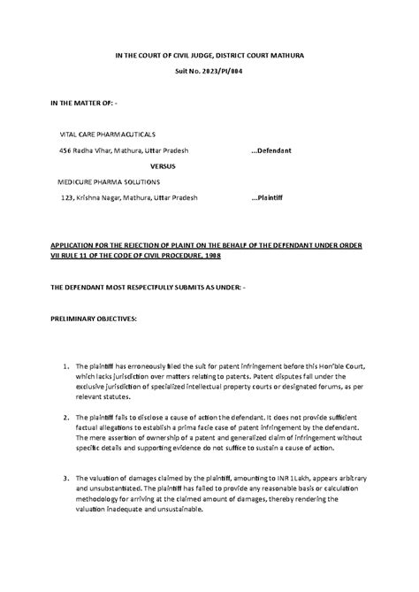 Application Under Order 7 RULE 11 - IN THE COURT OF CIVIL JUDGE ...