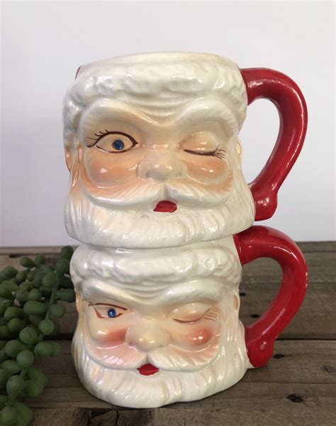 Vintage Winking Santa Mugs - Set of 2