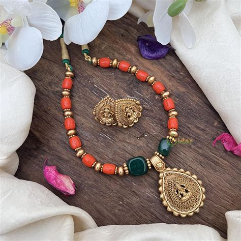 Premium Beaded Lakshmi Pendant Mala-Coral-Green Bead-G15037 – vrikshamindia