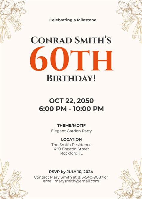 Free 60Th Birthday Invitation Templates, Editable and Printable