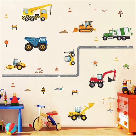 Runtoo Construction Vehicles Wall Decals Road Trucks Tractor Wall ...