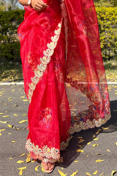 Buy Scarlet Red Organza Saree 12715 Online | Karagiri