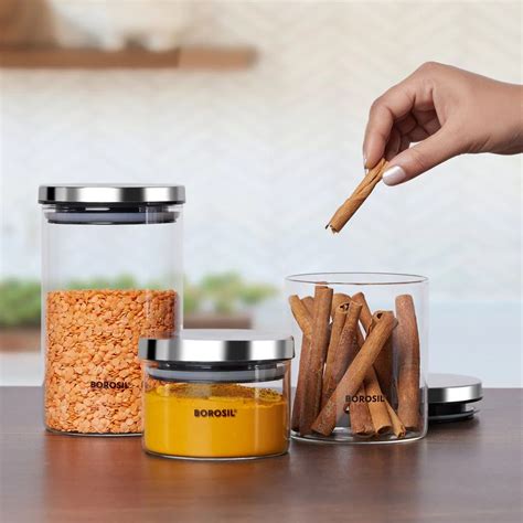Borosil Classic Air-Tight Glass Storage Jar | Transparent | Set of 3 P ...