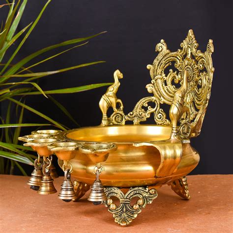 Brass Elephant Carving Urli With 5 Diyas And Bells (12 Inch) – Vedansh ...