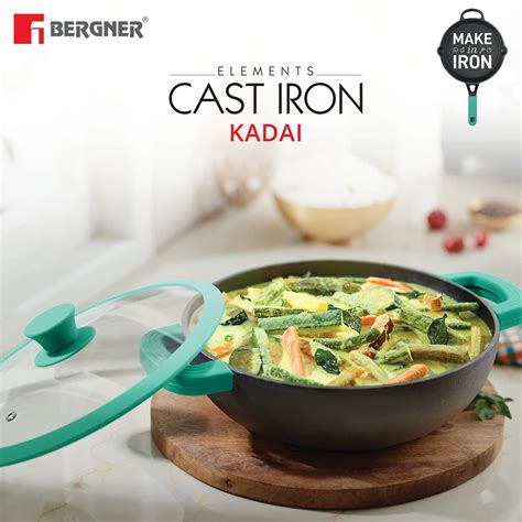 Bergner Kadai Elements Pre-Seasoned Cast Iron with Glass Lid, Induction ...