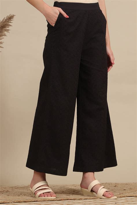 Buy Black Schiffli Embroidered Pure Cotton Flared Palazzo Pants Online ...