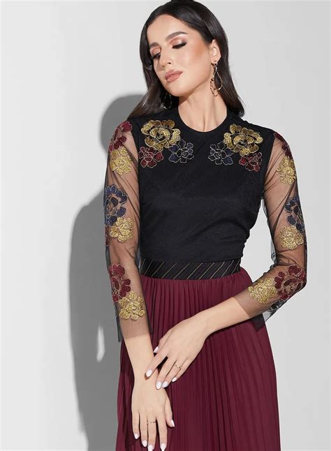 Threadz by Ajooni Plisse Lace Detail Dress for Women | Best Price KSA