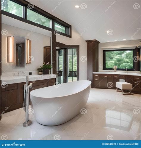 A Luxurious Master Bathroom with Marble Countertops, a Soaking Tub, and ...