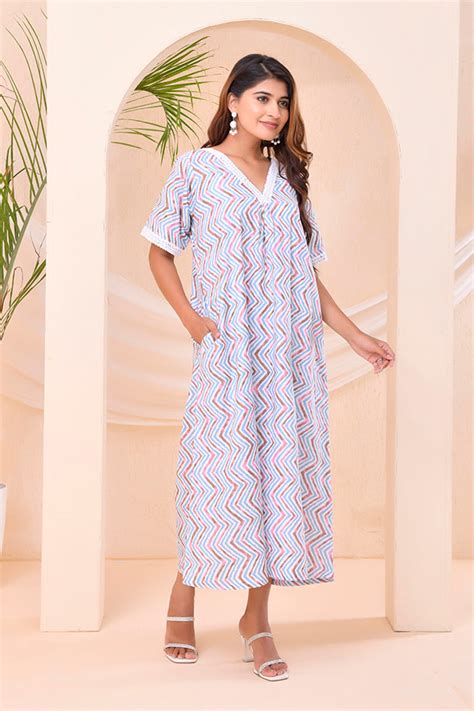 Ivory Blue Chevron Print Kafty Lounge Dress – thesaffronsaga