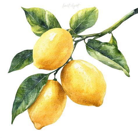 10 Lemon Branch Watercolor Clipart, White Background, JPG, Digital ...