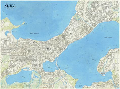 Printable Map of the Isthmus of Madison Wisconsin. Lakes Mendota ...