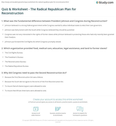 Quiz & Worksheet - The Radical Republican Plan for Reconstruction ...