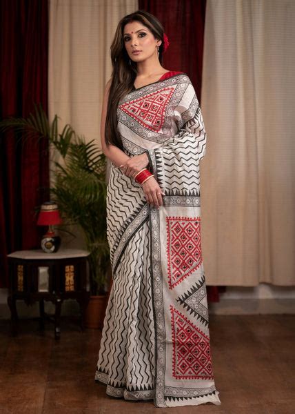Exclusive block printed chanderi saree with hand embroidered Gujarati ...