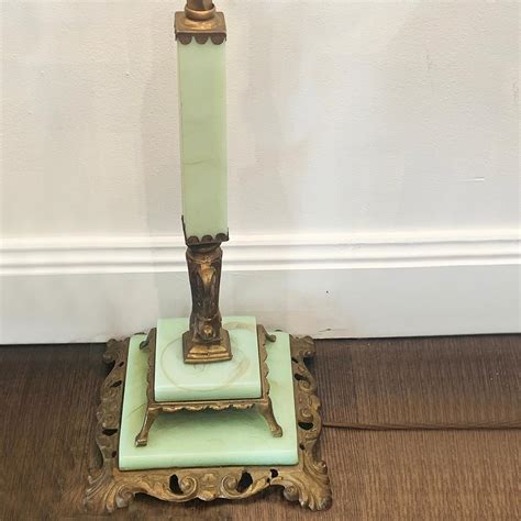 Art Nouveau Jadeite Glass and Iridescent Pulled Feather Shade Bridge ...