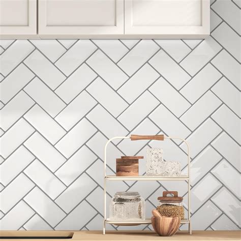 20-Sheet Herringbone Peel and Stick Backsplash 12"12" White Marble PVC ...