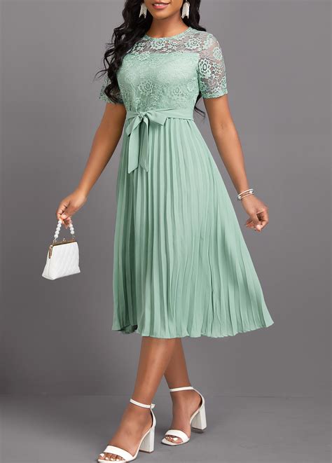 Light Green Lace Belted Short Sleeve Round Neck Dress | modlily.com ...