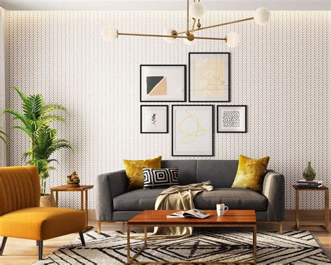 Geometric Brown And Cream Living Room Wallpaper Design | Livspace