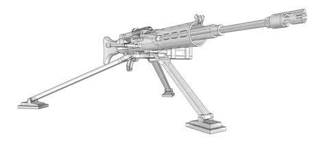白い背景にフルカセット弾薬を備えた三脚の大型機関銃。半透明のボディを持つ等高線の武器の概略図。 3Dイラスト。 | Premium写真