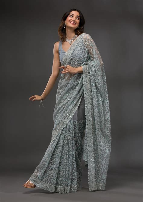Buy Sky Blue Stonework Net Saree - Koskii