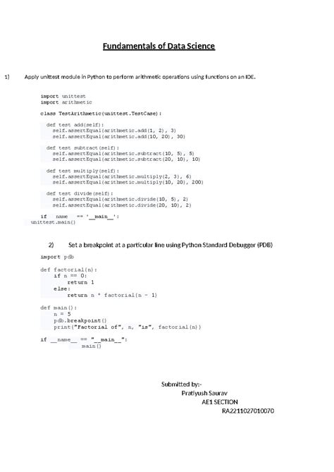 Fundamentals of Data Science: Python Unittest & Debugging (AE1) - Studocu
