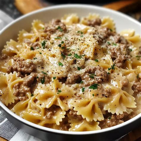One-Pot Creamy Parmesan Garlic Beef Bowtie Pasta - Recipes by Clare ...