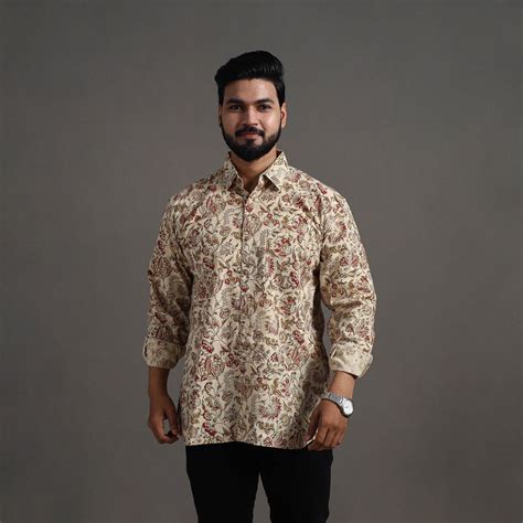 Beige Pedana Kalamkari Block Print Cotton Men Full Sleeve Shirt