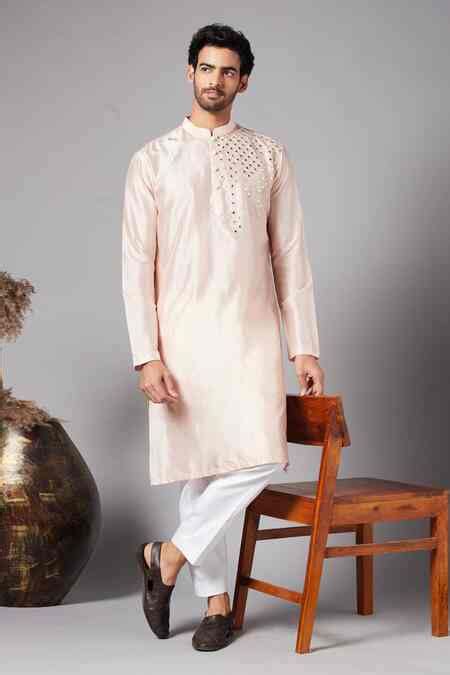 Buy Peach Cotton, Lycra, Silk Mirrors Rooyi Placement Embroidered Kurta ...