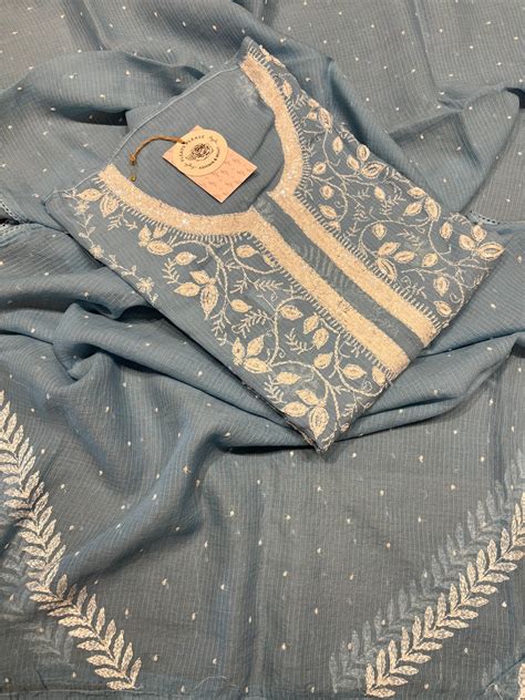 Blue Kota Doria Chikankari Kurta And Dupatta Set