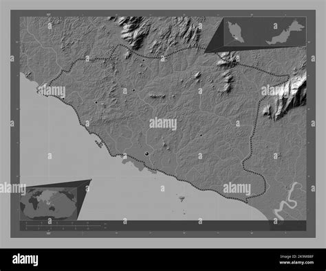 Melaka, state of Malaysia. Bilevel elevation map with lakes and rivers ...