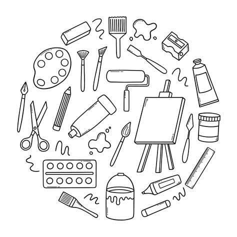 Hand drawn set of artist tools doodle art supplies in sketch style ...
