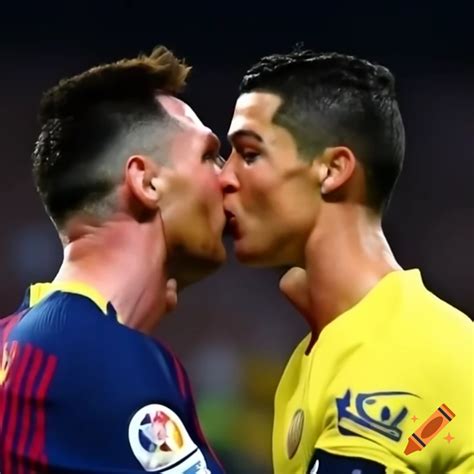 Messi and Cristiano Ronaldo sharing a kiss on Craiyon