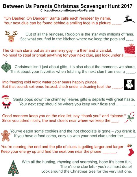 70 Printable Christmas scavenger hunt clues