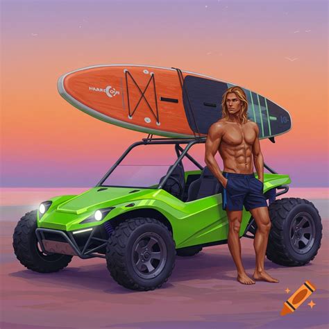 A shirtless man stands beside a neon green beach buggy with an orange ...